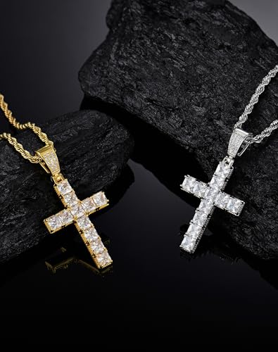 YL Cross Iced Out Mens Necklace, 18K Gold Plated Jesus Christ Bible Verse American Flag 5A+ Cubic Zirconia Pendant Jewelry Gifts for Women4