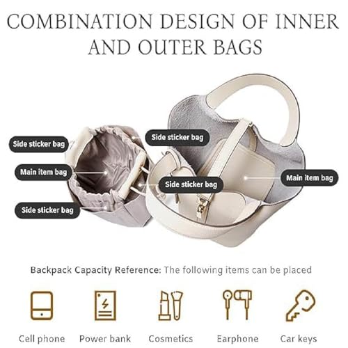 Genuine Leather Bucket Bag with Lock Closure & Removable Insert, Top Handle Shoulder Handbag for Women, Versatile Tote Style4