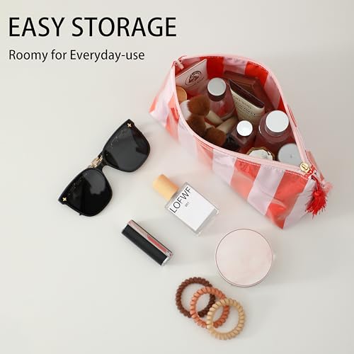 DYSHAYEN Makeup Bags for Purse,Small Clear Coated Cosmetic Bags for Women Girls, Waterproof Travel Organizer Zipper Pouch Beach Vacation Essentials (Pink-Orange)2