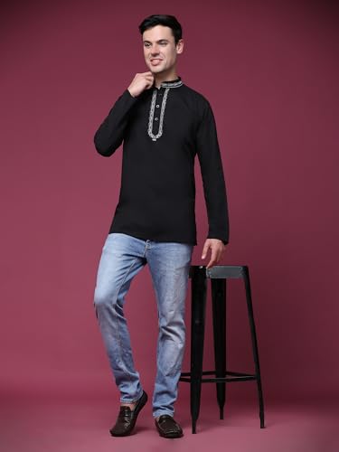 Image of SKAVIJ Men's Cotton Embroidered Kurta Shirt - Long Sleeve Traditional Indian Tunic for Casual
