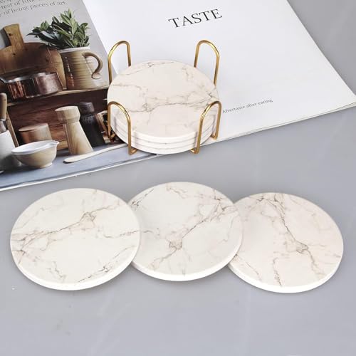 Image of 6 Pack White Wood Coaster Set with Holder Absorbent Drink Coasters Wood Cute Coaster Bar Dining Coffee Table Accessories Decor Gift Funny Cup Stone Modern Cool Desk Beer Cork