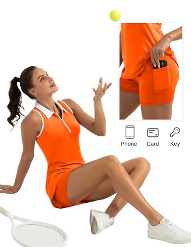 Women's Golf Tennis Dress Sport Activewear Zipper V-Neck with Shorts and Pocket Workout Athletic4