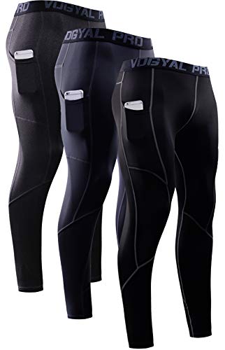 Vogyal Men's Compression Pants with Pockets, Workout Leggings Dri Fit Running Tights Sports Athletic Baselayer, 3 Pack-Black/Grey+Heather Grey+Grey, Small