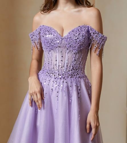 Off Shoulder Beaded Prom Dresses Sparkly Tulle Ball Gown Flowy A Line Formal Evening Dress4