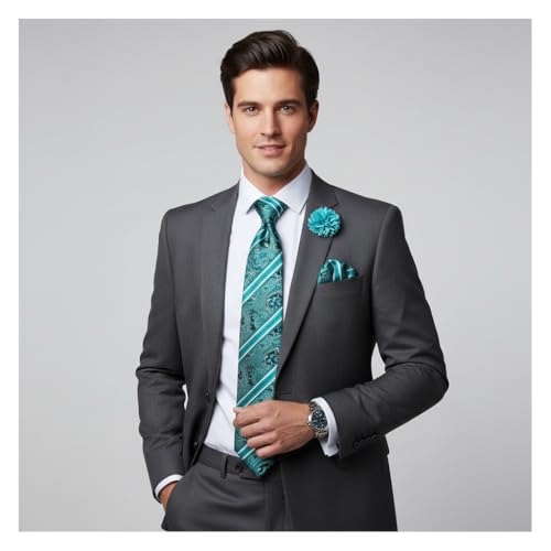 Image of 5PCS Mens Silk Designer Tie, Pocket Square, Cufflinks, Drilled Tie Ring and Lapel Pin Set for Wedding Groom Party