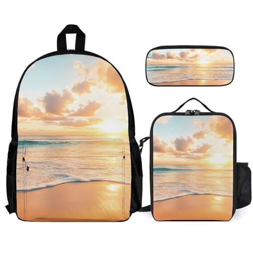 Beach Sunrise Over Sea Backpack 3 Set with Lunch Bag Insulated Shoulder Meal Tote Bags Pencil Case Box Casual Daypack