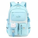 Amythe Schultasche Mädchen Kinderrucksack, Leichter Schulrucksack für Mädchen aus Nylon, Modischer Ranzen School Bag mit Trolley-Schlaufe für Reisen, 8-14 Jahre, Blau