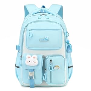 Amythe Schultasche Mädchen Kinderrucksack, Leichter Schulrucksack für Mädchen aus Nylon, Modischer Ranzen School Bag mit Trolley-Schlaufe für Reisen, 8-14 Jahre, Blau