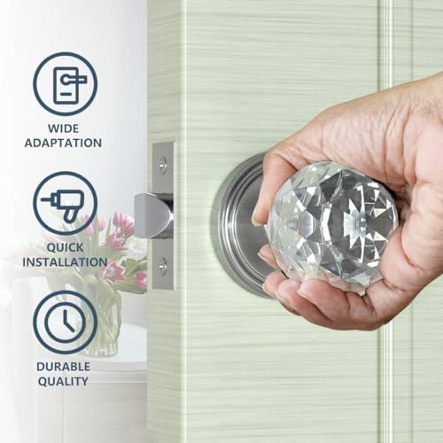 Bwintech 1 Paar Massivkristall-Türknöpfe aus gebürstetem Nickel, 65mm Palace Style Kristall-Innentürgriff mit Schloss und DIY-Schraubenset für Durchgang, Schlafzimmer, Flur
