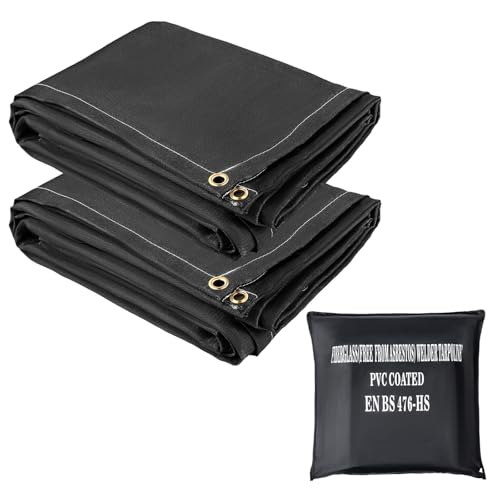 Happybuy Fire Blankets come in a 2-pack. Each blanket measures 6' x 10' and is flame retardant up to 1022 °F. It's black, for emergencies, made of fiberglass, and has 8 brass grommets