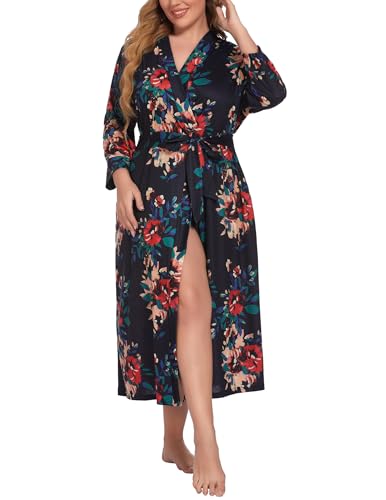 Image of IN'VOLAND Womens Plus Size Kimono Robes Long Knit Bathrobe V Neck Ladies Loungewear Lightweight Soft Sleepwear 1X-5X