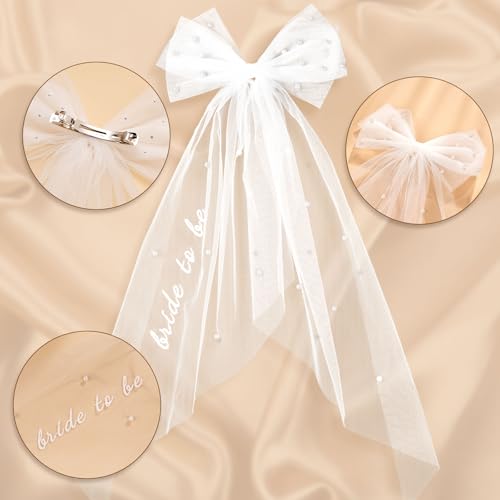 Bride to Be Embroidered Hair Bow Veil for Bachelorette Party Bridal Shower Tulle Pearl 2 Tier Bow Veil Engagement Accessory Bride Gift Velos De Novia (Style A)4