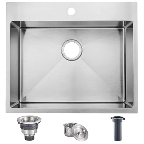 Image of SHACO 25 Inch Drop In Kitchen Sink, Top Mount 16 Gauge 304 Stainless Steel 25x22 Inch Single Bowl Sink, Brushed Nickel Drop In RV Laundry Utility Sink, Topmount Overmount Sinks with Drain