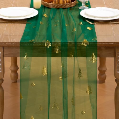 Image of Christmas Tree Table Runner Emerald Green Gauze Foil Table Runner, 3PC