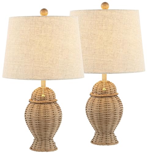 JONATHAN Y 20.5" Natural Wicker Table Lamp Set of 2, Bohemian Rustic Farmhouse Bedside Lamps for Living Room, Nightstand Desk Lamps with Beige Linen Shade, LED Bulbs Included JYL4041A-SET2