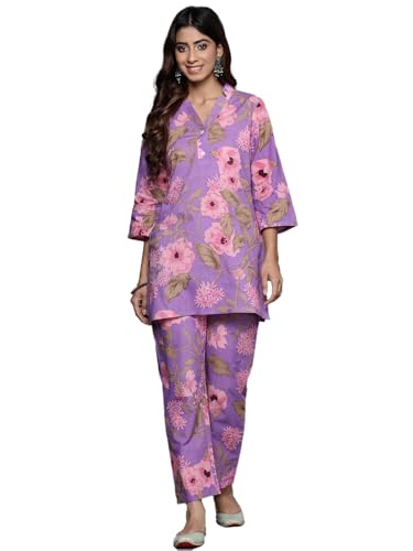 Image of Varanga Women Lavender Floral Printed Cotton Co-Ords