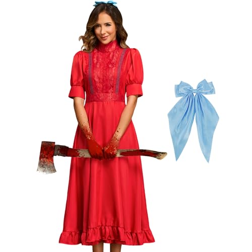 Tvnxdgl Pearl Costume Horror Movie Cosplay Red Dress with Blue Bowknot Women Short Sleeves Halloween Party Gothic Dress L
