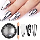 Holographic Mirror Nail Powders Chrome Silver Effect Pure Metallic Dust Sequins UV Gel Nail Chrome Pigment for Nail Art Decoration,Silver Chrome Nail Powder