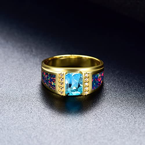 Square Sapphire with Opal Gemstone Wedding Ring for Men Sterling Silver Yellow Gold Plated Men's Ring Vintage Retro Jewelry2
