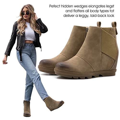 Athlefit Women's Wedge Boots Comfortable Ankle Wedge Booties With Zipper Khaki Us 7 #TOP5