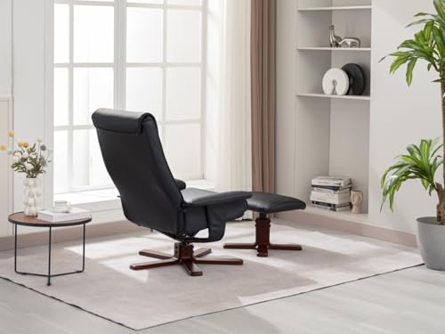 Hoclauho Relaxsessel mit Hocker und Holzbeinen verstellbar 360 Grad drehbar ergonomischer Fernsehsessel bis 136 kg belastbar Schwarz Wohnzimmer – Bild 7