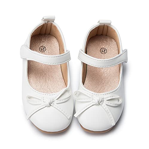 Kids Leather Princess Shoes with Bow Non Slip Children Ballet Girl Student Shoes Girl Barefoot (White, 18-24 Months)2