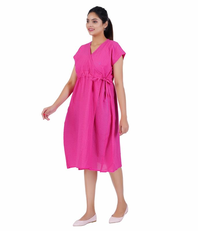 MENMAII Cotton Wrap Dress [Size - L- 4XL ] - Full Open Multipurpose Night Gown -a Kind of Adaptive Clothing with Pocket for Women |Full Length [Dark Pink Kantha Plain- XXL/Knee Length ] - Image 2 thumbnail