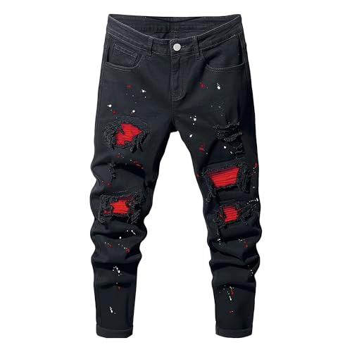 Ripped Distressed Slim Fit Straight Leg Denim Pants Men Classic Casual Vintage Fashion Splicing Jeans