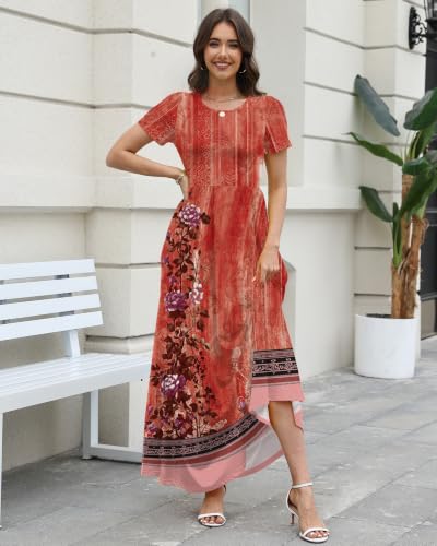 Image of COSSEN Women's Crew Neck Short Sleeve Maxi Dress with Pockets Casual Loose Swing for Wedding Guest Beach Vacation