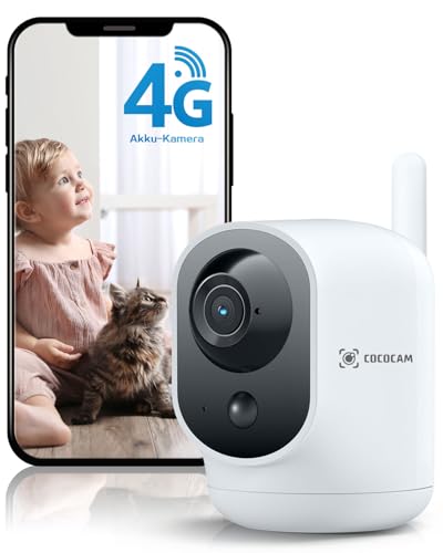 COCOCAM 4G Überwachungskamera Innen mit SIM Karte, 6000mAh Akku, 355°P 90°T, 2K kabellose Kamera für Babys/Haustiere/Senioren, PIR-Personenerkennung, Integrierte SIM-Karte, kein WLAN (Weiß)