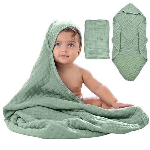 Aurafly Toalla de Bebé con Capucha para Baño, Algodón Muselina Toallas Bebe 90x90 cm con Muselinas bebe Algodon 25x50 cm, toalla Recien Nacido con Capucha Suave Absorbente para Bebes de 0-3 Años,Verde