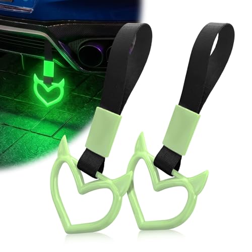 Image of 2 Pcs Devil Heart Shaped Car Handle Strap - Drift Charm Rear Bumper Warning Ring Decor for Car Interior Exterior, Subway Bus Handle Accessory, Cute Heart Car Decor Gift for Drivers (Luminous Green)