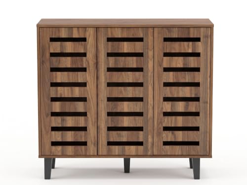 Image of Metro Three Door Engineered Wood Shoe Cabinet | Spacious Shoe Rack with Ventilated Slatted Doors | Modern Shoe Storage Organizer for Entryway, Hallway & Living Room | Walnut Finish