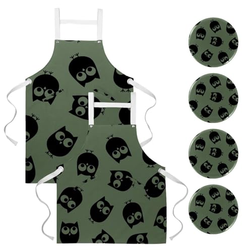 Lot de 2 tabliers de cuisine avec motifs chouettes et 4 broches incluses