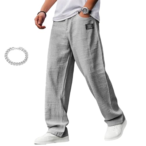 Mokaloha Mens Pants, Men's Casual Hemp Fabric Embroidered Logo Drawstring Loose Elastic Waist Pocket Trousers