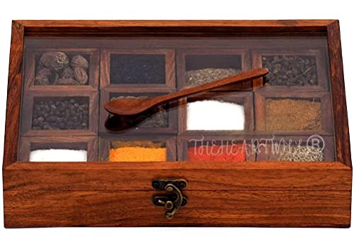 Image of THEHEARTWILL Sheesham Wooden Spice Box for Kitchen - 'Twelve Blends' Masala Container Dabba with 12 Containers & 2 Spoons | Wooden Masala Dani Box | Wooden Namak Dani for Kitchen