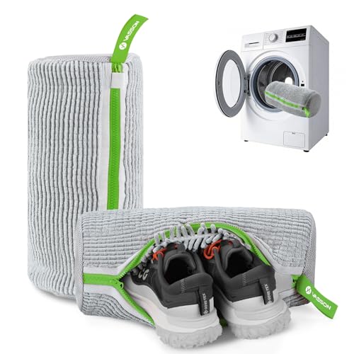 VASSON Sneaker Wash Bag 2 Pack & Bonus Storage Bag - Chenille Microfiber Shoe Washing Machine Bag - Heavy Duty Scrubber Pouch for Running Shoes & Canvas (2Pack Cool Grey/Greenery)