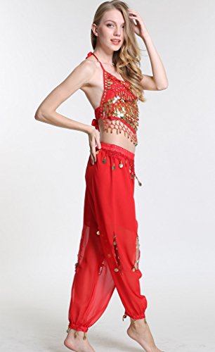 Zltdream Lady's Belly Dance Chiffon Banadge Top And Lantern Pants Red #TOP5