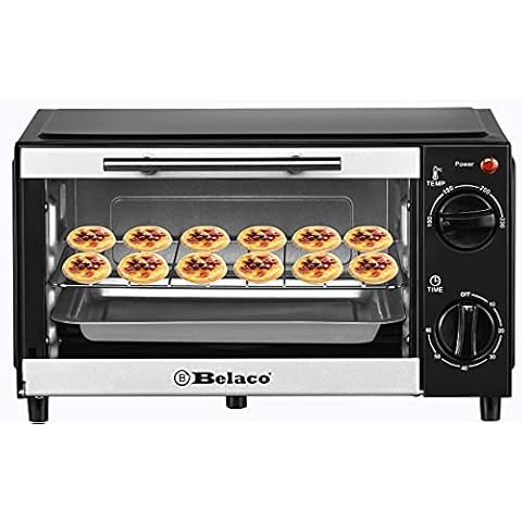 Belaco BTO-109N Mini 9L Toaster Oven Tabletop Cooking Baking Portable Oven 750w 60 min Timer 100-230° Stainless Steel Heating Tube incl. Baking Tray & Wire Rack Cover