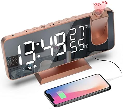 Mightree Projection Alarm Clock for Bedroom, Digital Alarm Clock with USB Charger, 7.4" Large LED Mirror Display Radio Alarm Clock, Dual Smart Alarm with Projection on Ceiling, Rose Gold