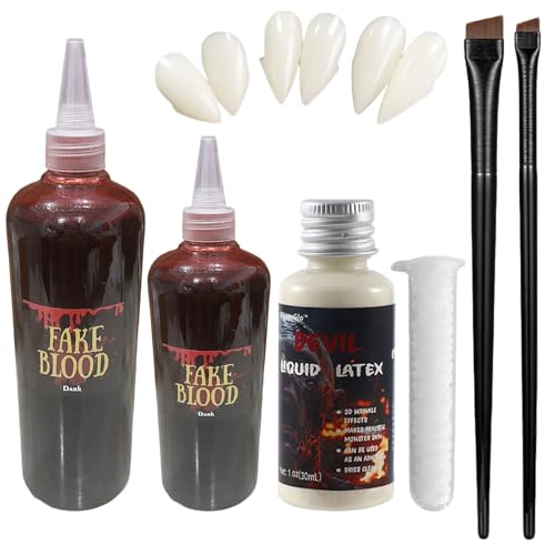 Kit Maquillage Halloween Effets Spéciaux, Kit Faux Sang Halloween, Dent de Vampire, Plaie Makeup pour Vampire, Effet réaliste, Adapté au Zombie, Vampire, Cosplay, Maquillage de Clown de Théâtre