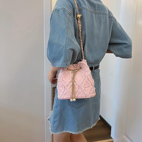 Image of Denim Bucket Bag Quilted Drawstring Jean Purses for Women Denim Clutch Hobo Bags Crossbody Handbag