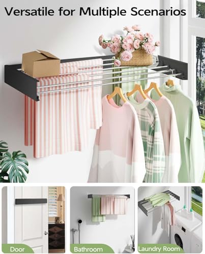 Image of JIALTO Stainless Steel Space Saver Folding Cloth Dryer Stand Wall Mounted Retractable Clothes Drying Rope Hanger, Foldable Cloth line Use Indoor and Outdoor for Home Grey