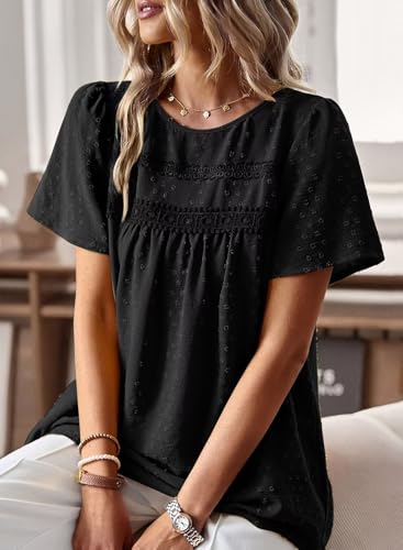 Image of Falechay Womens Summer Tops Crewneck Short Sleeve Shirts Casual Chiffon Blouses Flowy Lace Hem Boho Clothing Trendy 2026