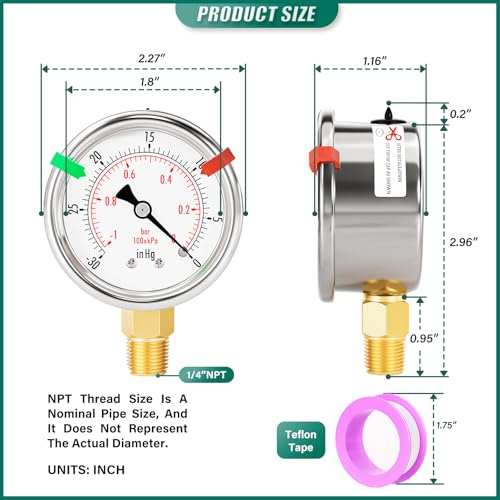 Image of -30inHg-0psi Stainless Steel Vacuum Industrial Pressure Gauge 1 /4 inch NPT 2 inch Dual Scale, Lower Mount,Waterproof, for Pneumatic Equipment, Pumps, compressors (with Range Mark Pointer)