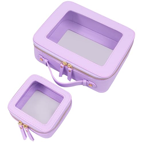 Image of LETGO Clear Mahjong Tile Bag Set,Large Capacity Clear Toiletry Bag for Women Travel Makeup Bag,Vegan Leather Cosmetic Pouch Car Bag for Essentials(Mini+Large Purple)