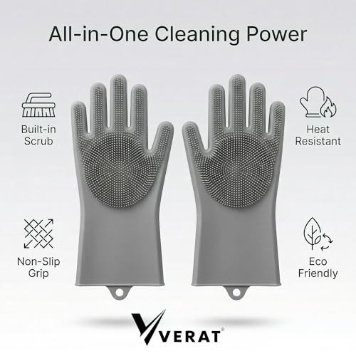 Image of Kitchen Dishwashing Gloves for Washing Dishes - Reusable Rubber /Silicone Cleaning Gloves for Kitchen, Bathroom & Car Cleaning - Waterproof Household Hand Gloves for Women, Home Essentials (Grey)