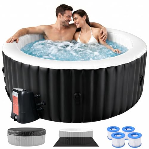 Round Inflatable Hot Tub, 2-4 Person Portable Blow up Hot Tub, Leak-Proof PVC Outdoor Spa with 120 Air Jets, Insulated Cover & Heater Pump, 71” X 71” X 25”