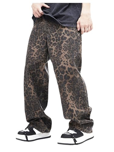 Verdusa Men's Leopard Print Baggy Jeans Grunge Wide Leg Denim Pants with Pockets