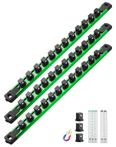 Image of ALOANES Magnetic Socket Organizer Set, 3-Piece Heavy Duty Aluminum Socket Rails, 360 Swivel Clips Socket Rail Kit for Tool Tray Drawer Fit 1 /2-Inch x 36 Clips (Green, 3PC)